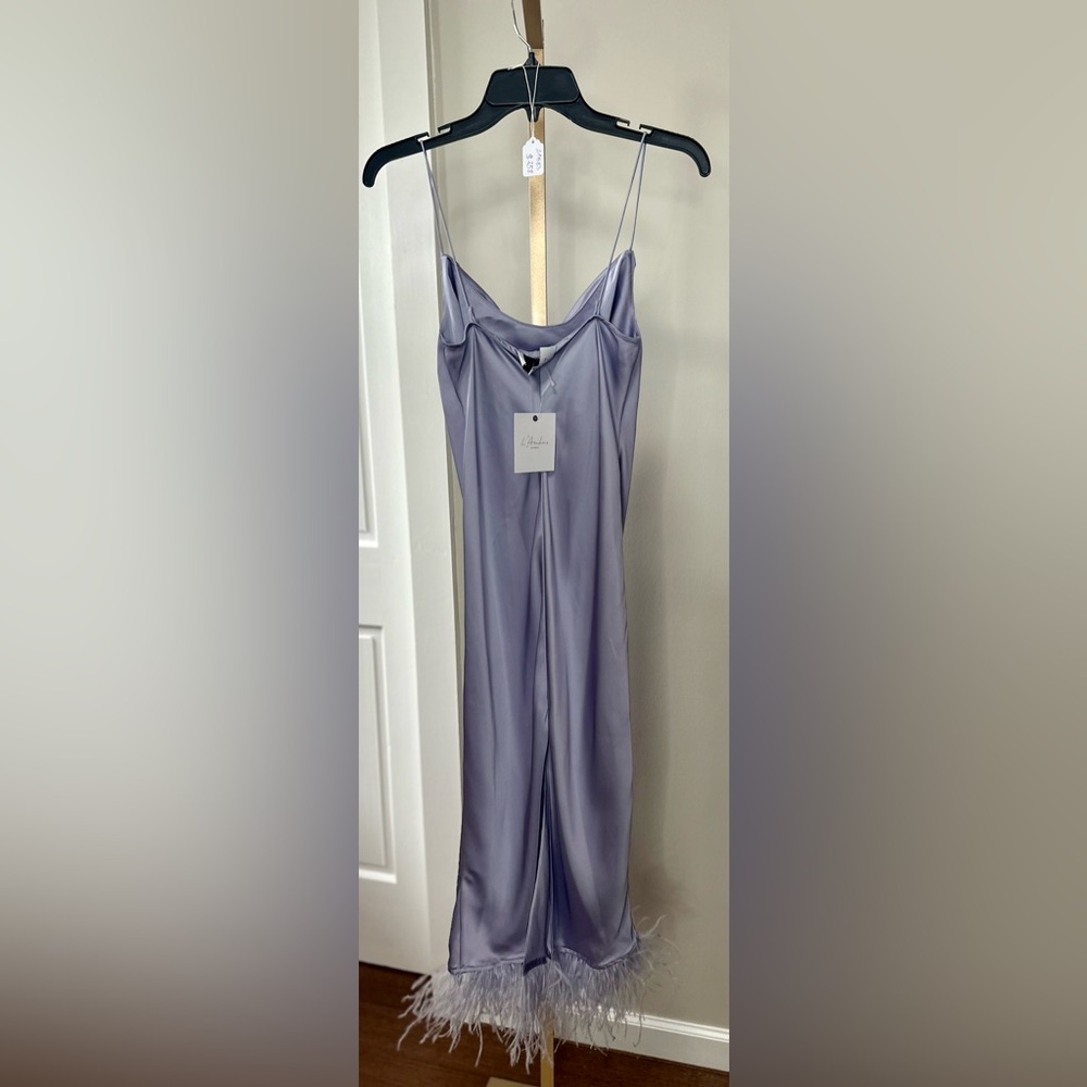 NWT L’Academie Mindy Dress Lavender Purple Silk Satin Slip Dress Feather Size XS - Picture 3 of 3